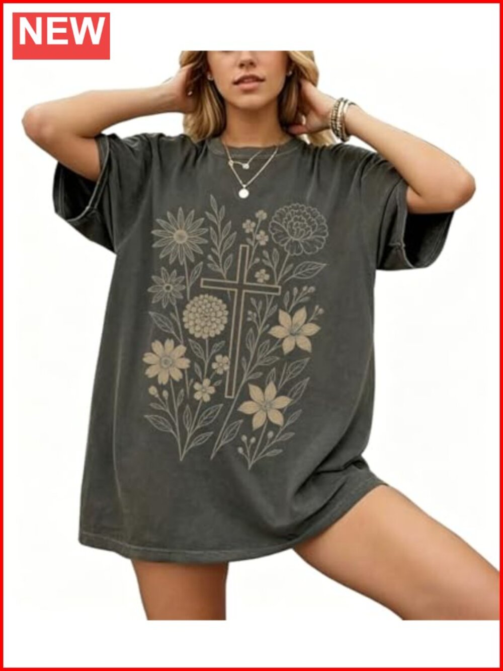 Oversized Shark Flower Graphic Tee Cotton Blend Women's Casual Summer T-Shirt